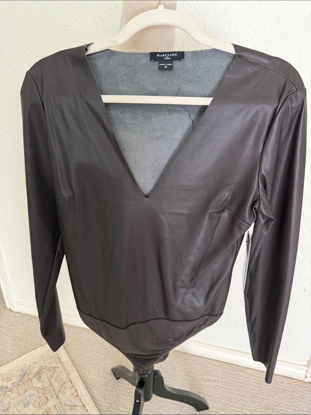 Marciano Faux Leather Deep V Long Sleeve Bodysuit - Dark Brown size M